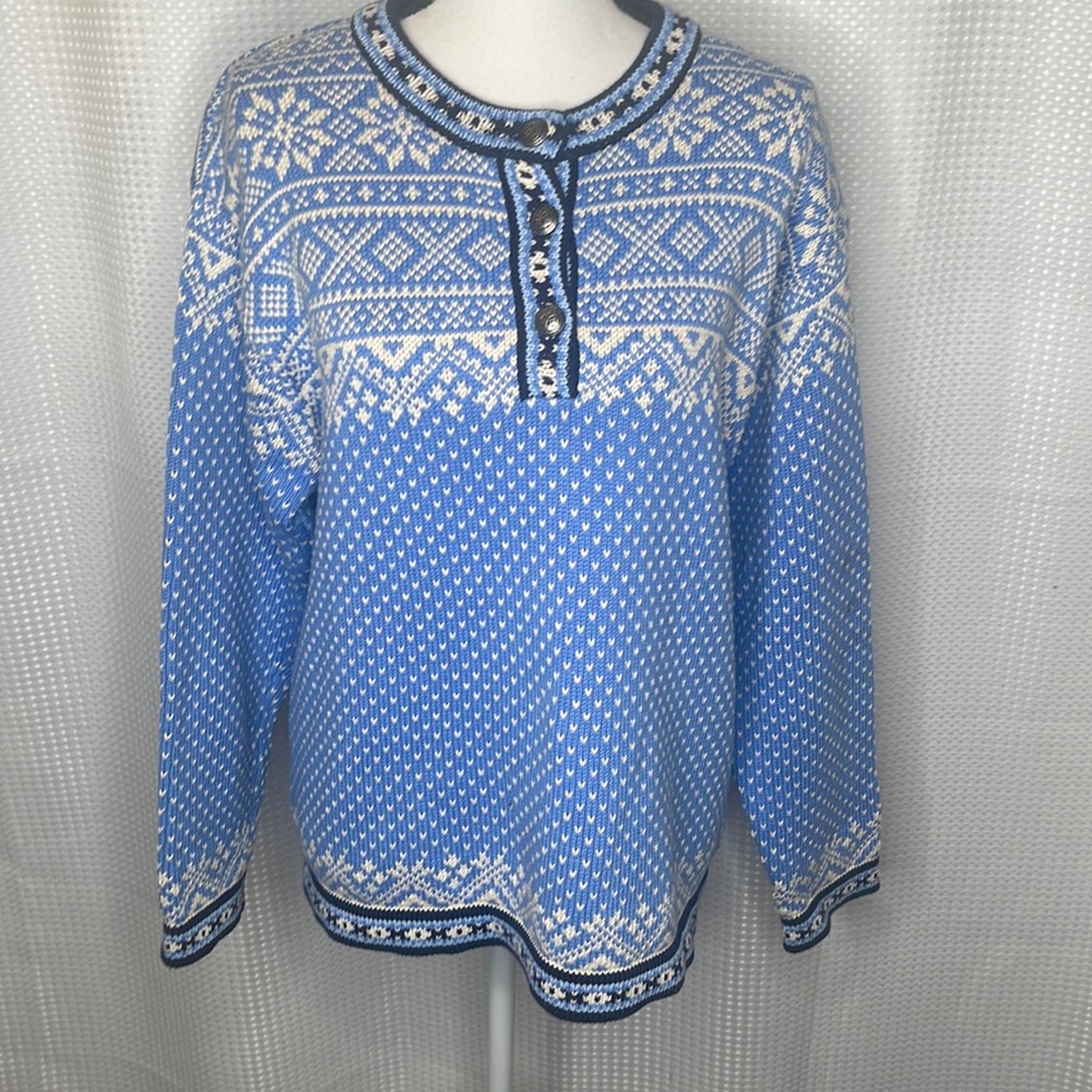 LL Bean Vintage Fair Isle Sweater Nordic Cotton Metal Button Placket Blue Sz L